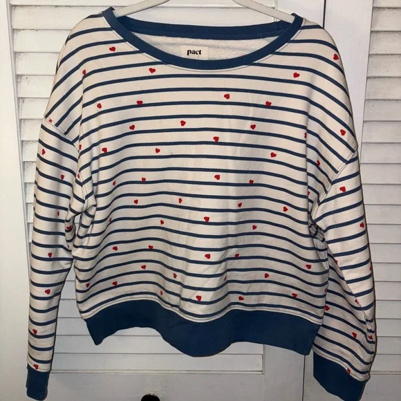 Pact Organic Crewneck Cotton Striped Heart Sweatshirt Blue White Size Large - Picture 3 of 6